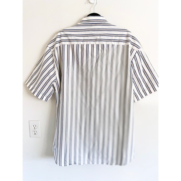 Palmes Men's Short Sleeve Striped Button Down Camp Shirt Blue White Tan Pocket - Picture 4 of 7